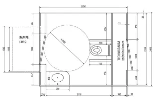 Plattegrond van de MIVA toiletcontainer met oprijplaat
